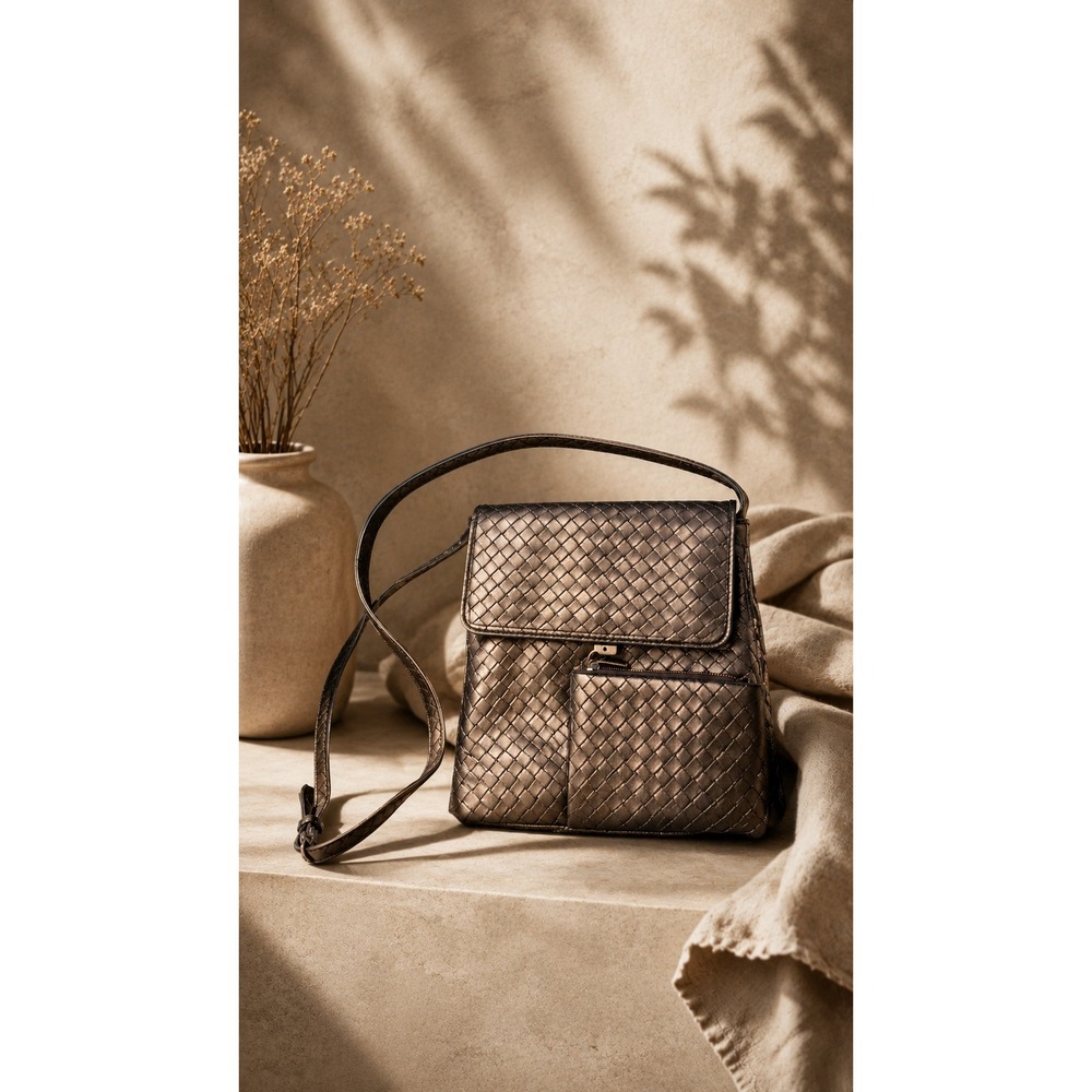 Vegan Leather Woven Metallic Copper Crossbody Bag Minimalist Lightweight Purse
